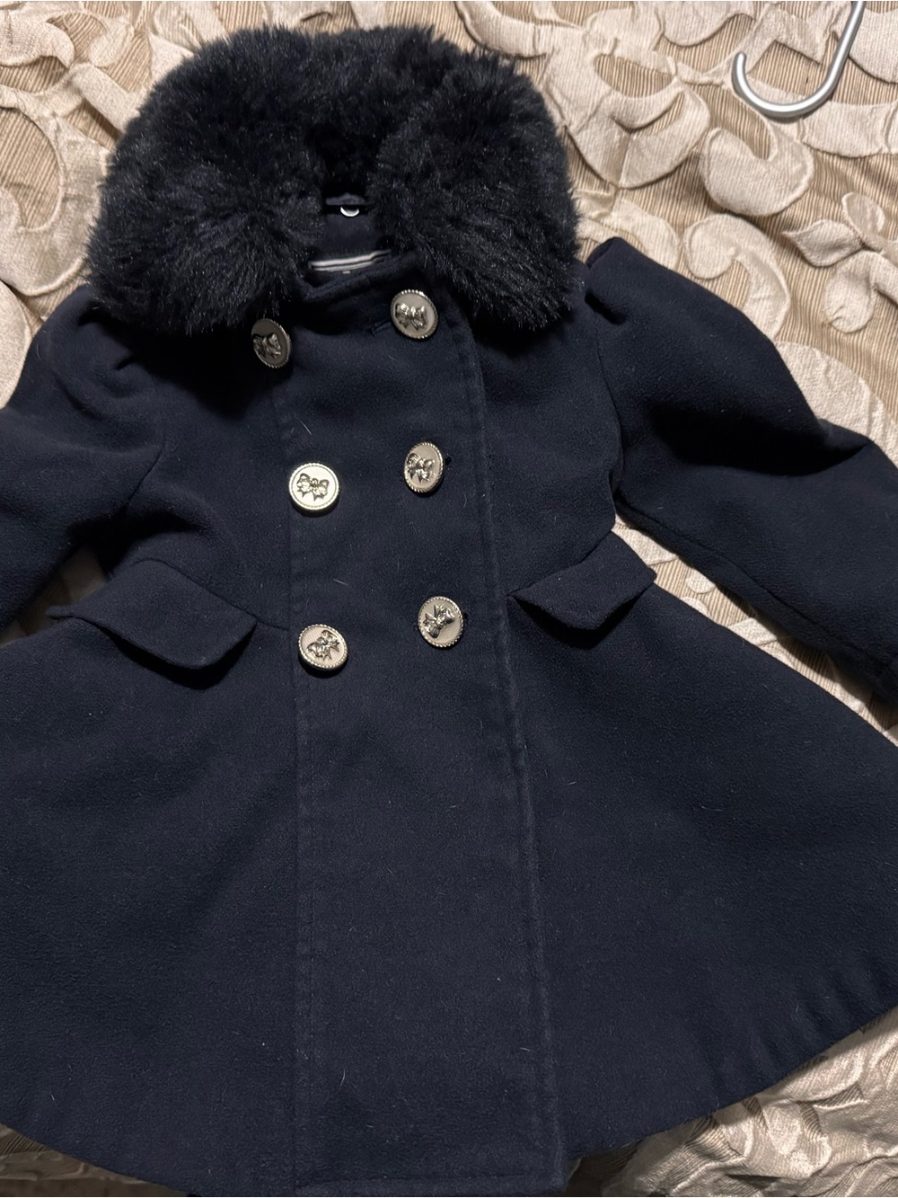 Rothschild Girls' Black Double-Breasted Pea Coat with Faux Fur Collar